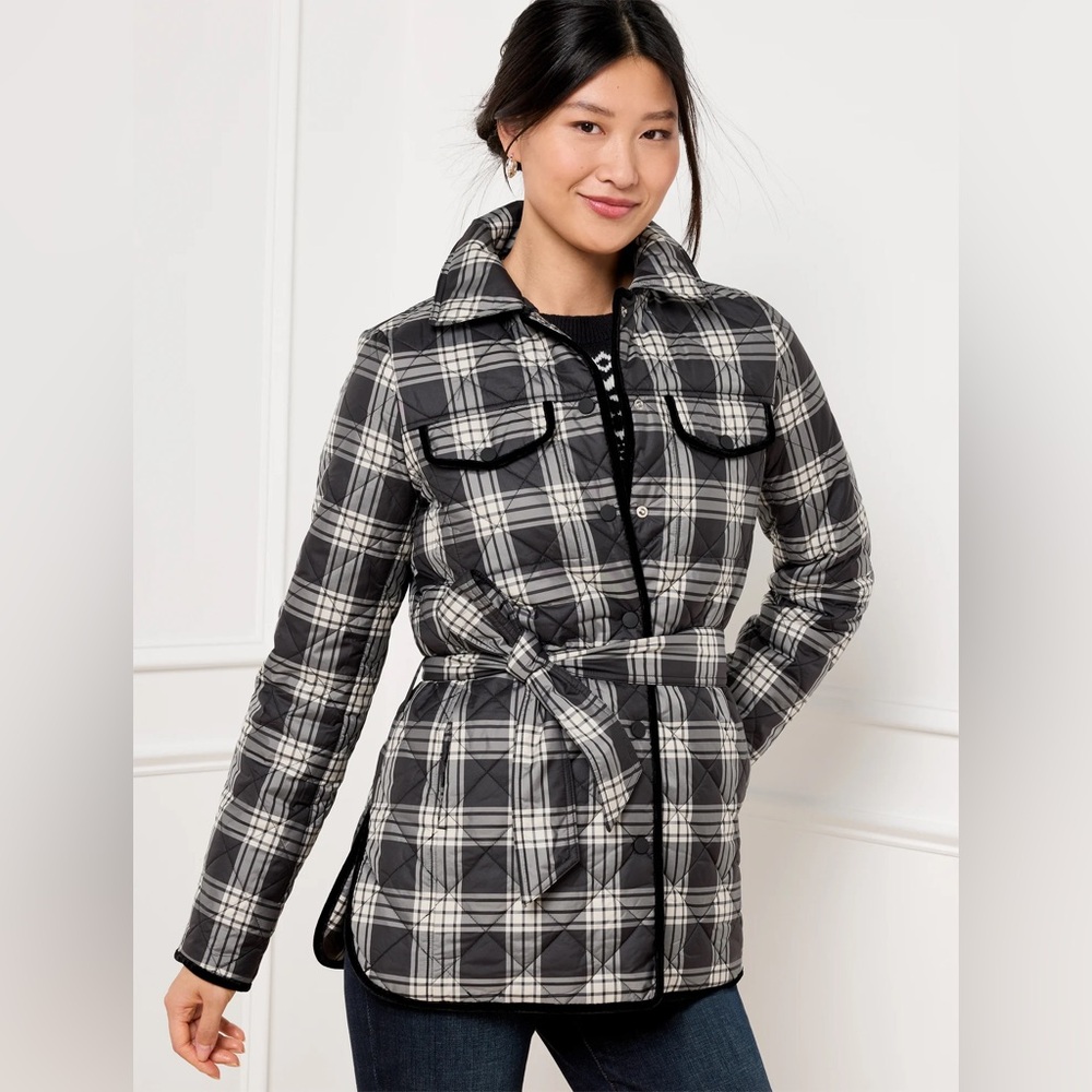 Talbots Quilted Plaid Shirt Jacket XL Black White Belted Shacket